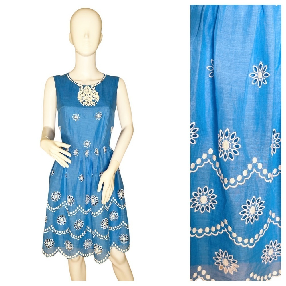 NWT Collette Dinnigan Summer Sky Short Day Dress with Cutwork Embroidery Size L.